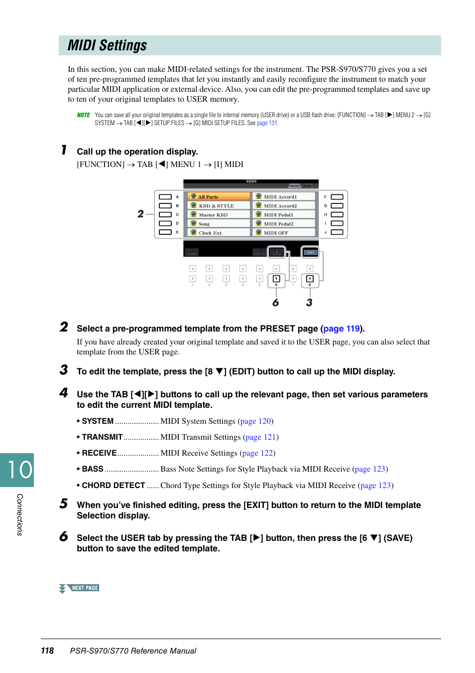 Midi settings | Yamaha PSR-S770 User Manual | Page 118 / 134
