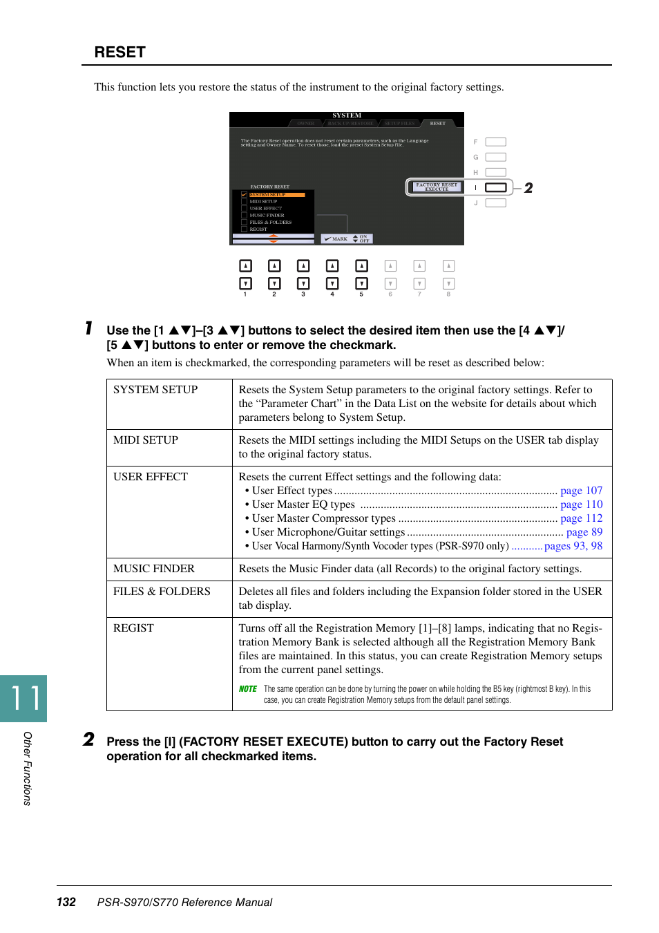 Reset | Yamaha PSR-S770 User Manual | Page 132 / 134