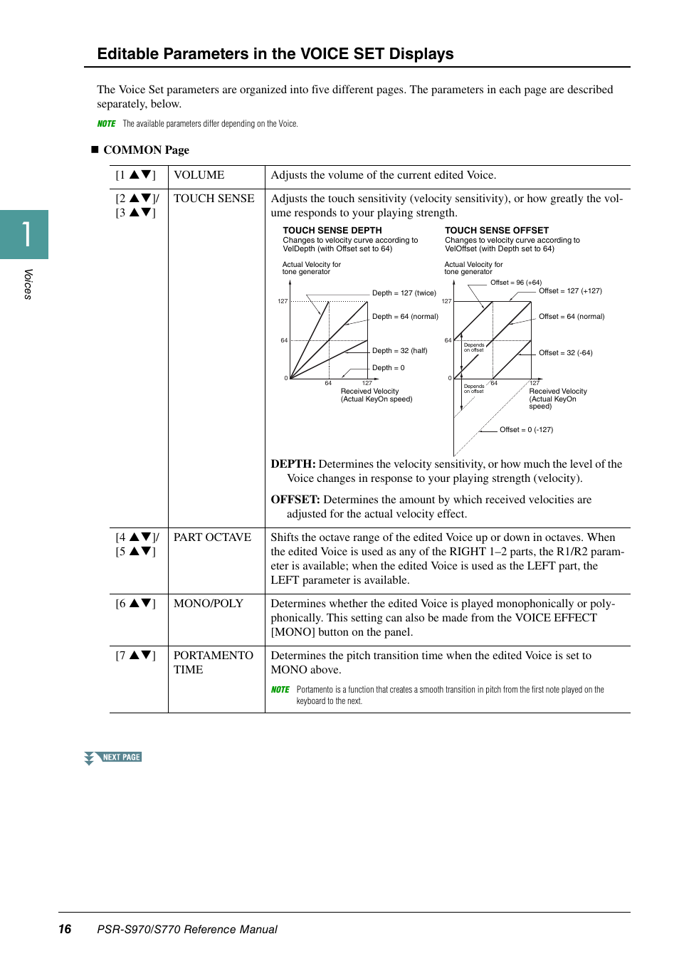 Editable parameters in the voice set displays, Editable parameters in the voice set displays” on | Yamaha PSR-S770 User Manual | Page 16 / 134