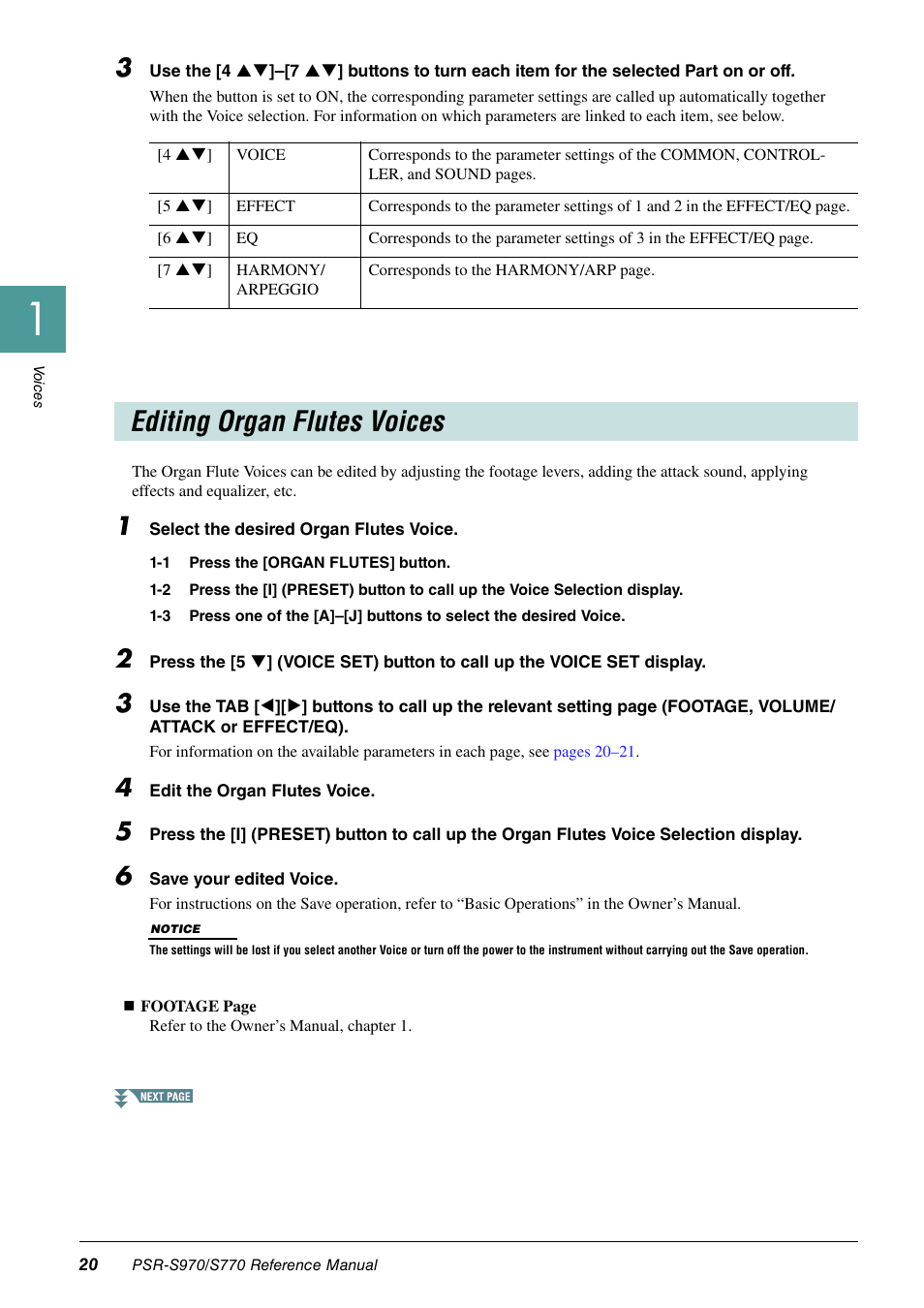 Editing organ flutes voices | Yamaha PSR-S770 User Manual | Page 20 / 134
