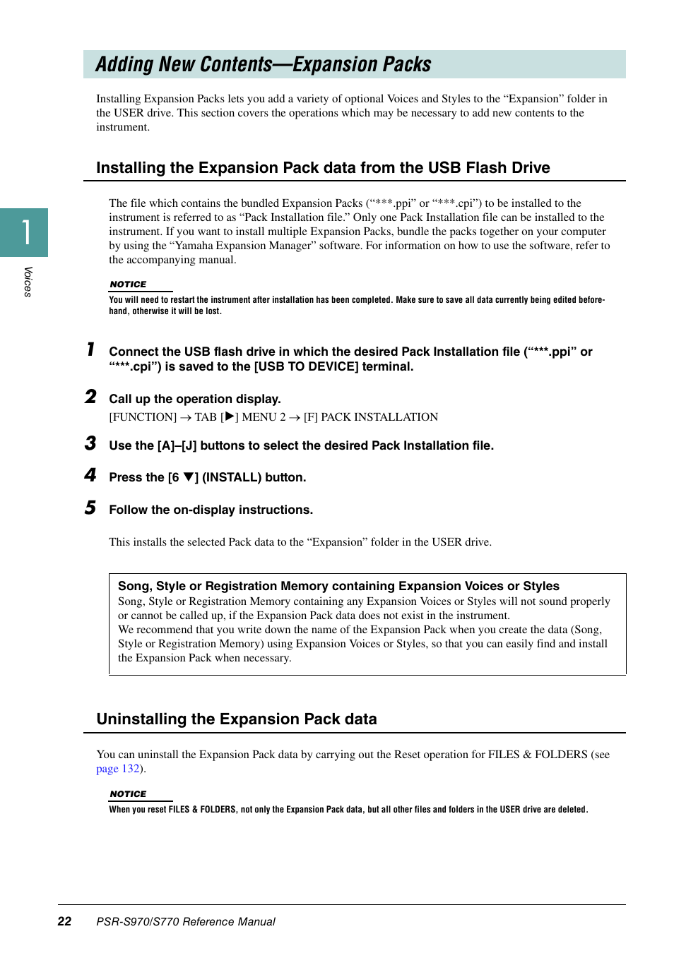 Adding new contents—expansion packs, Uninstalling the expansion pack data | Yamaha PSR-S770 User Manual | Page 22 / 134