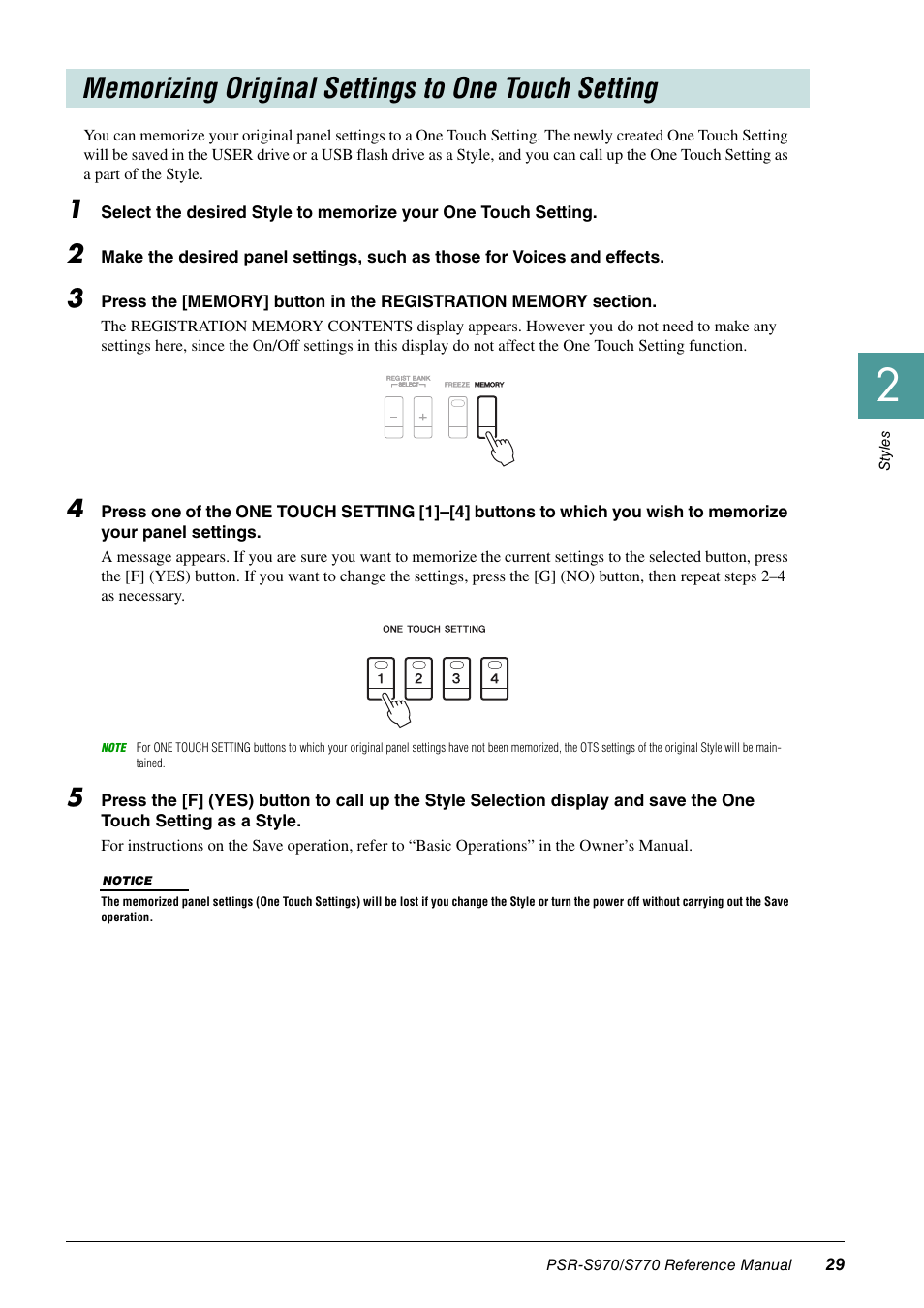 Memorizing original settings to one touch setting | Yamaha PSR-S770 User Manual | Page 29 / 134