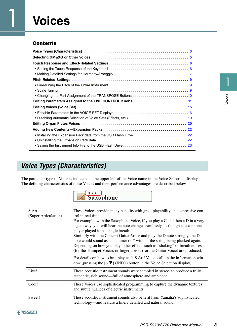 Voices, Voice types (characteristics) | Yamaha PSR-S770 User Manual | Page 3 / 134