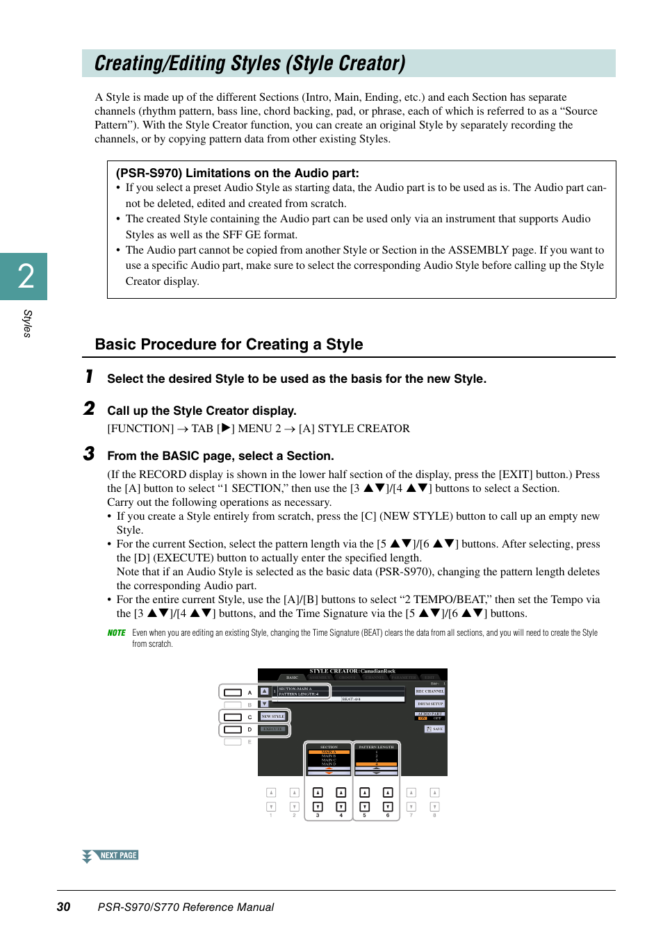 Creating/editing styles (style creator), Basic procedure for creating a style | Yamaha PSR-S770 User Manual | Page 30 / 134