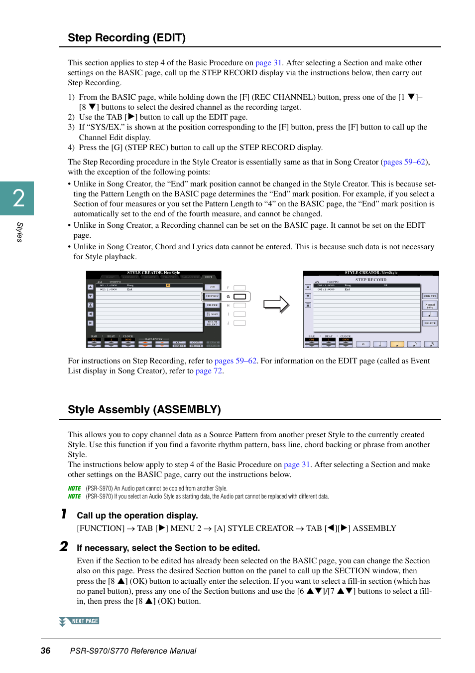Step recording (edit), Style assembly (assembly), Edit | Yamaha PSR-S770 User Manual | Page 36 / 134