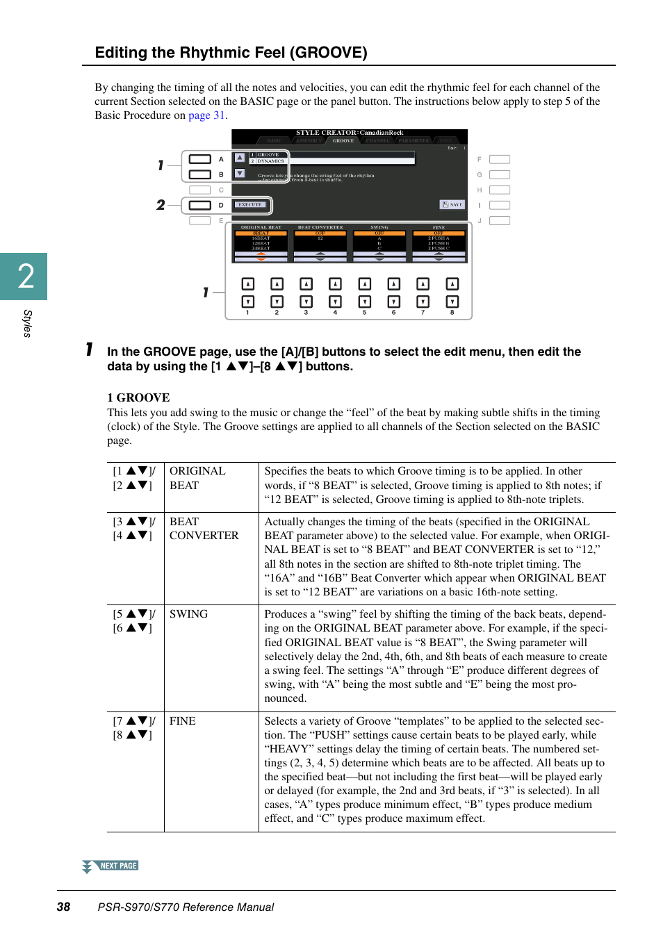 Editing the rhythmic feel (groove) | Yamaha PSR-S770 User Manual | Page 38 / 134