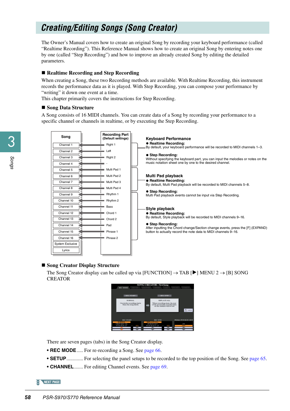 Creating/editing songs (song creator), Realtime recording and step recording, Song data structure | Song creator display structure, For re-recording a song. see page 66, For editing channel events. se e page 69 | Yamaha PSR-S770 User Manual | Page 58 / 134