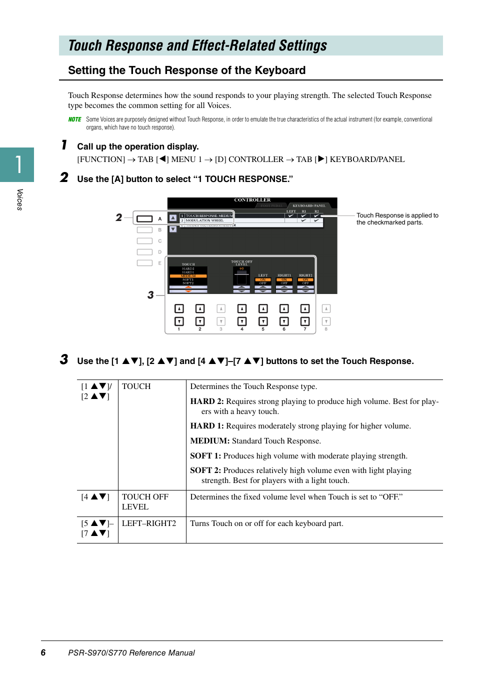 Touch response and effect-related settings, Setting the touch response of the keyboard | Yamaha PSR-S770 User Manual | Page 6 / 134