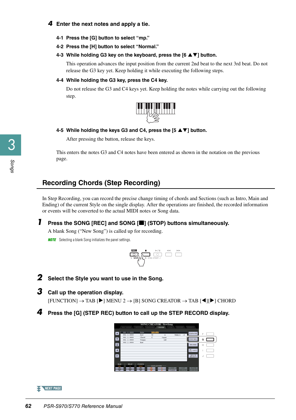 Recording chords (step recording) | Yamaha PSR-S770 User Manual | Page 62 / 134