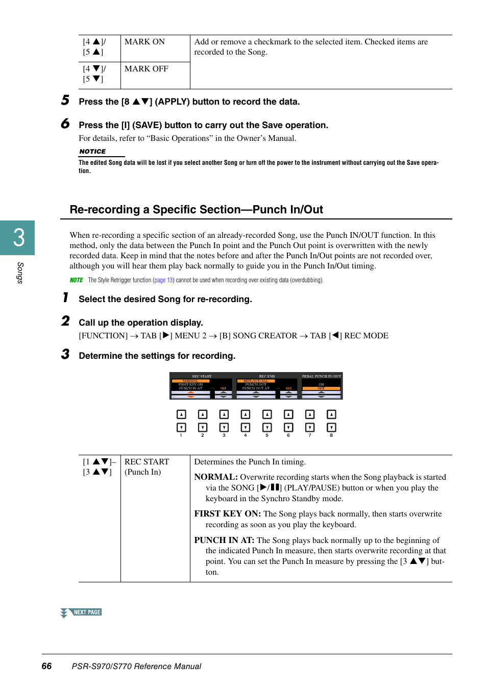 Re-recording a specific section—punch in/out | Yamaha PSR-S770 User Manual | Page 66 / 134
