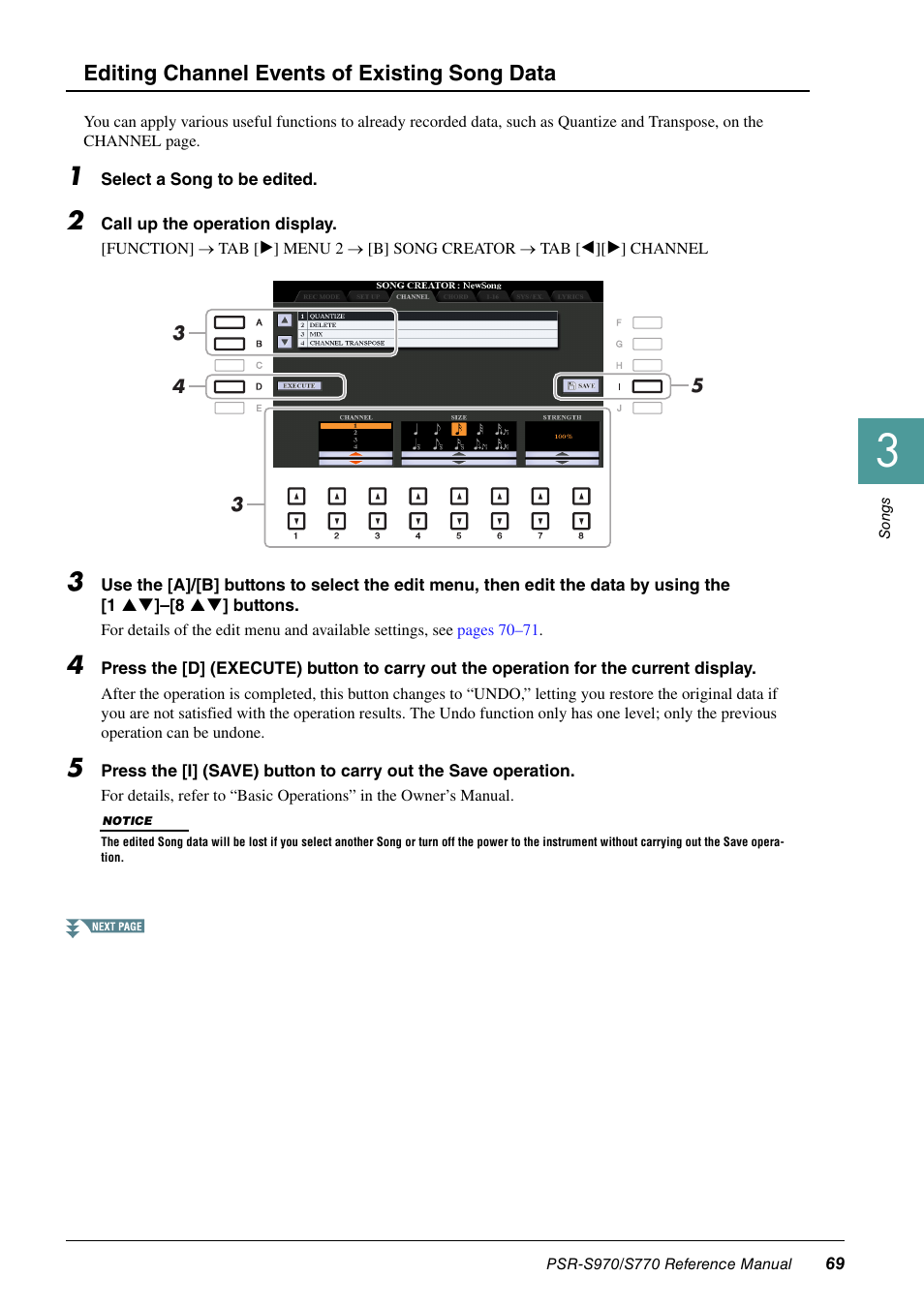 Editing channel events of existing song data | Yamaha PSR-S770 User Manual | Page 69 / 134