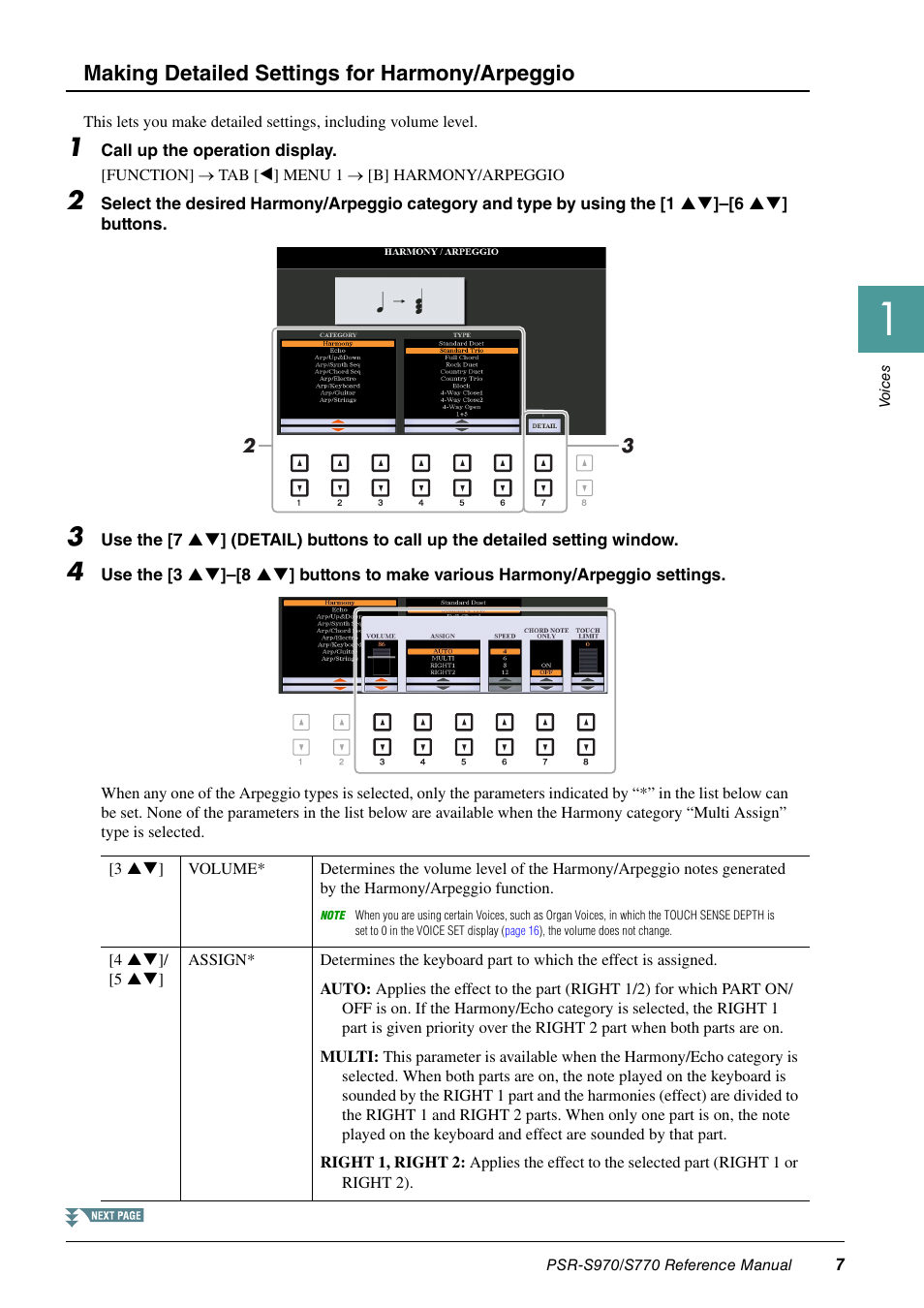 Making detailed settings for harmony/arpeggio | Yamaha PSR-S770 User Manual | Page 7 / 134