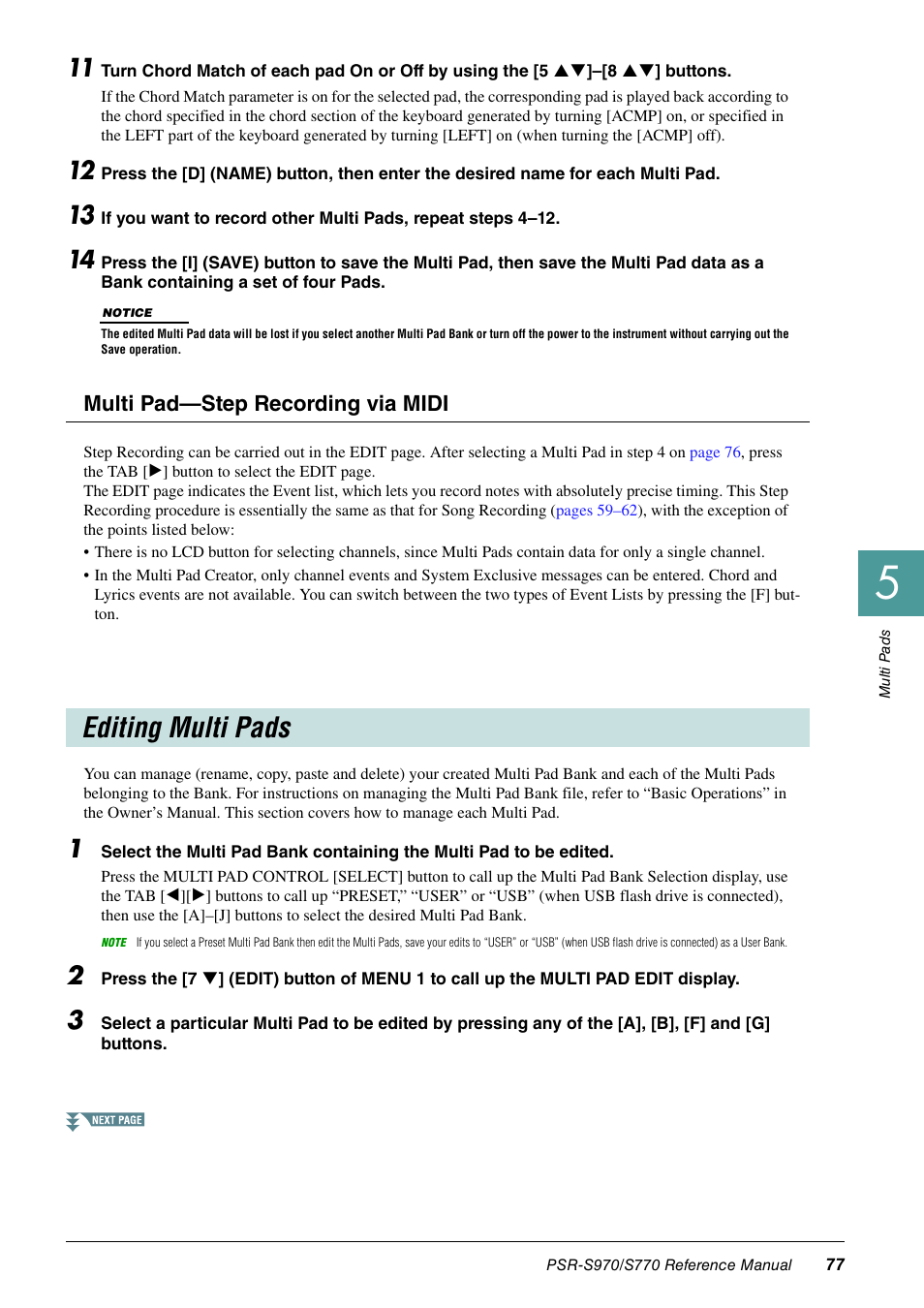 Editing multi pads, Multi pad—step recording via midi | Yamaha PSR-S770 User Manual | Page 77 / 134