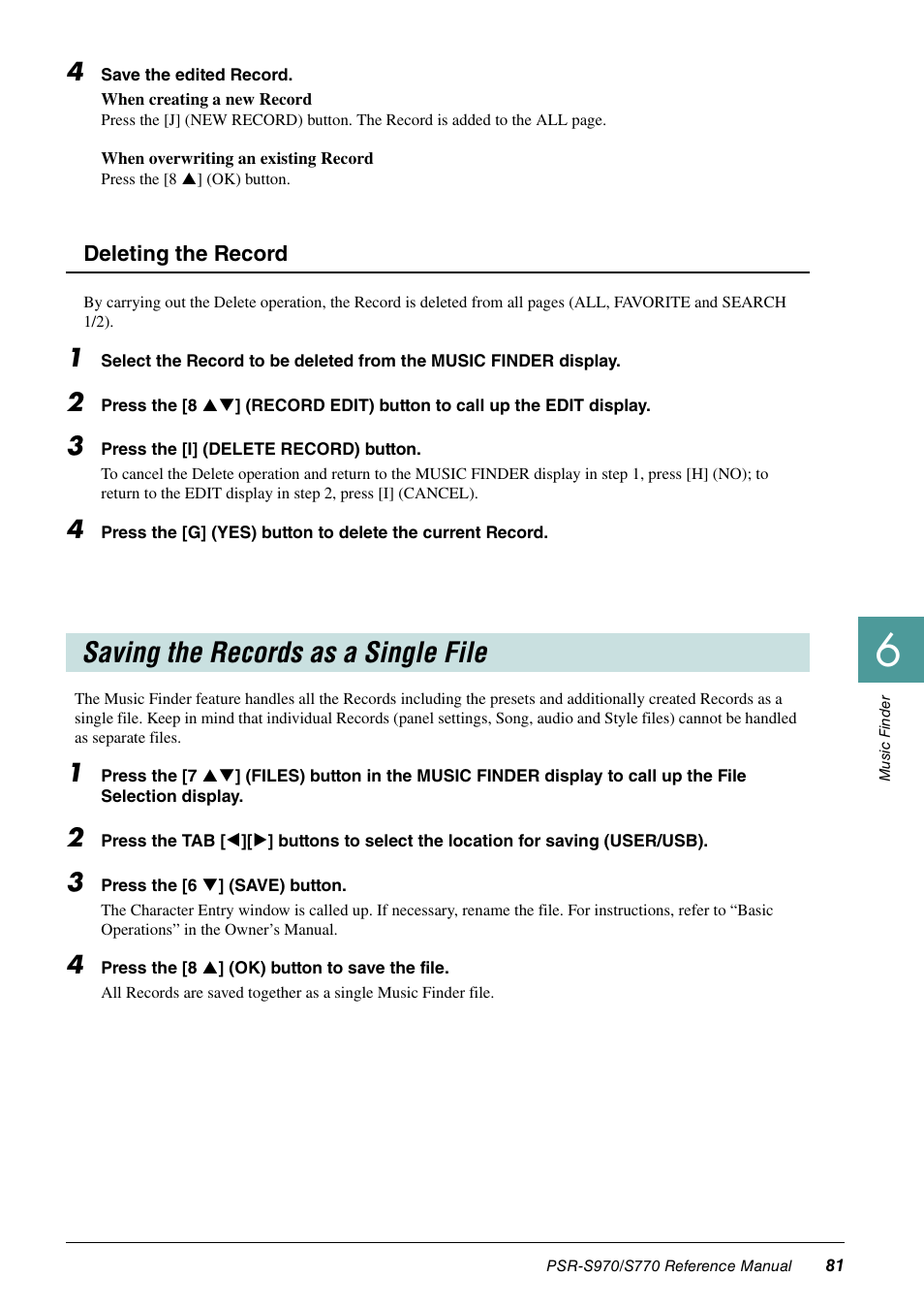 Saving the records as a single file, Deleting the record | Yamaha PSR-S770 User Manual | Page 81 / 134