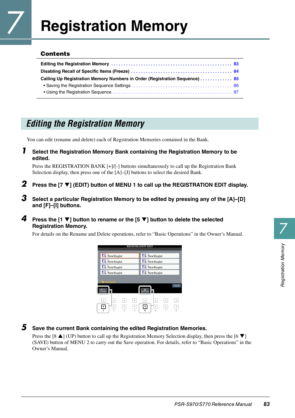 Registration memory, Editing the registration memory | Yamaha PSR-S770 User Manual | Page 83 / 134