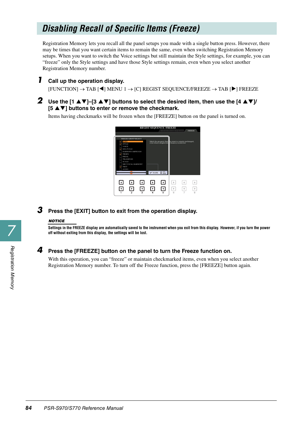 Disabling recall of specific items (freeze) | Yamaha PSR-S770 User Manual | Page 84 / 134