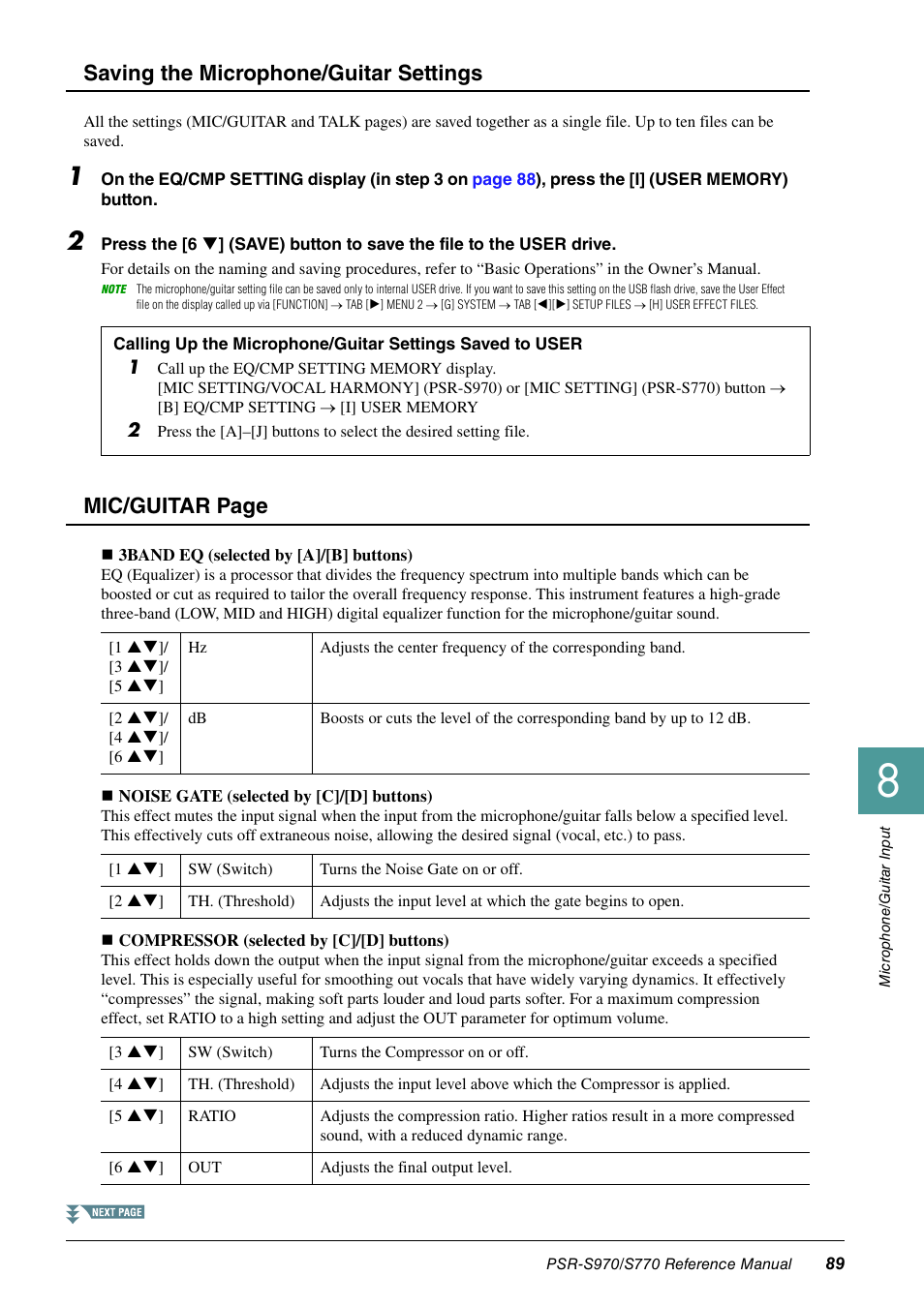 Saving the microphone/guitar settings, Ges 89–9, Mic/guitar page | Yamaha PSR-S770 User Manual | Page 89 / 134