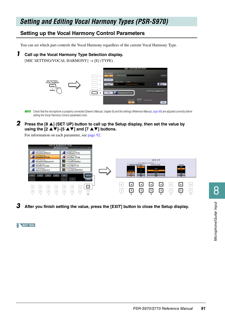 Setting and editing vocal harmony types (psr-s970), Setting up the vocal harmony control parameters | Yamaha PSR-S770 User Manual | Page 91 / 134