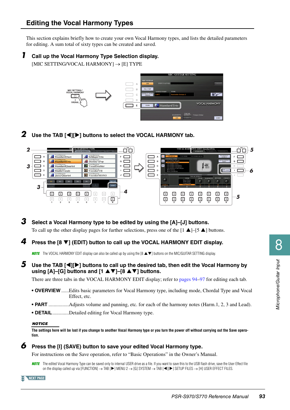 Editing the vocal harmony types | Yamaha PSR-S770 User Manual | Page 93 / 134