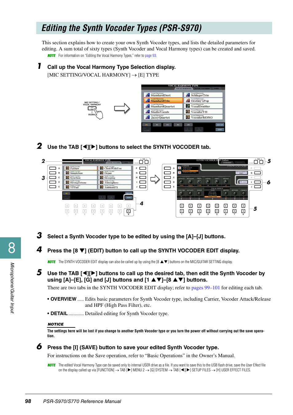 Editing the synth vocoder types (psr-s970) | Yamaha PSR-S770 User Manual | Page 98 / 134
