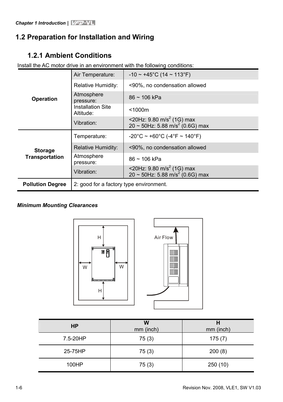 2 preparation for installation and wiring, 1 ambient conditions, 2 preparation for installation and wiring -6 | 1 ambient conditions -6 | Delta Electronics Elevator Drive VFD-VL User Manual | Page 15 / 251