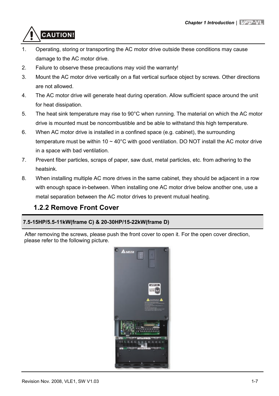 2 remove front cover, 2 remove front cover -7 | Delta Electronics Elevator Drive VFD-VL User Manual | Page 16 / 251