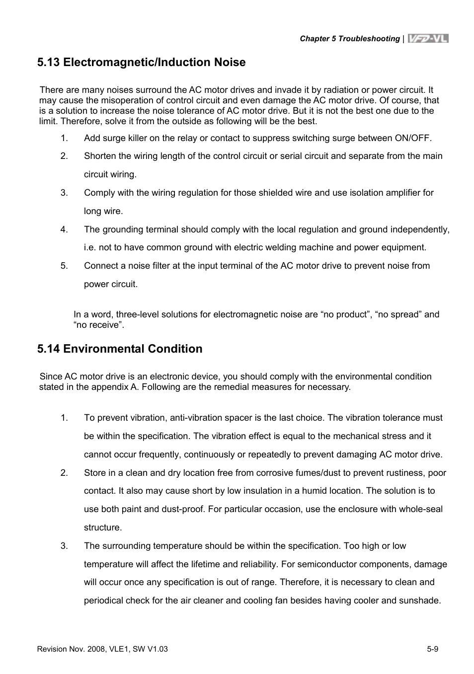 13 electromagnetic/induction noise, 14 environmental condition, 13 electromagnetic/induction noise -9 | 14 environmental condition -9 | Delta Electronics Elevator Drive VFD-VL User Manual | Page 176 / 251