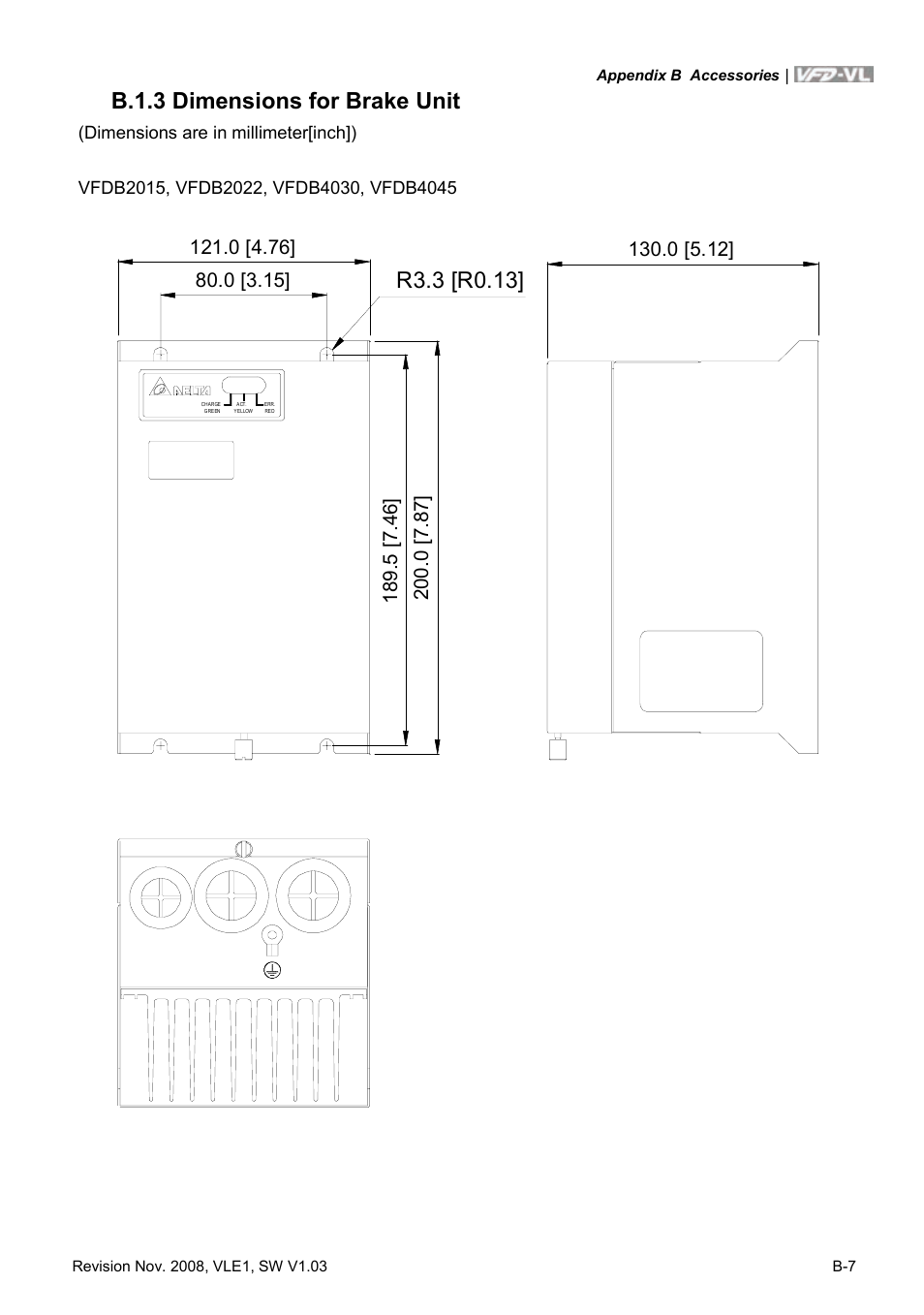 B.1.3 dimensions for brake unit | Delta Electronics Elevator Drive VFD-VL User Manual | Page 204 / 251
