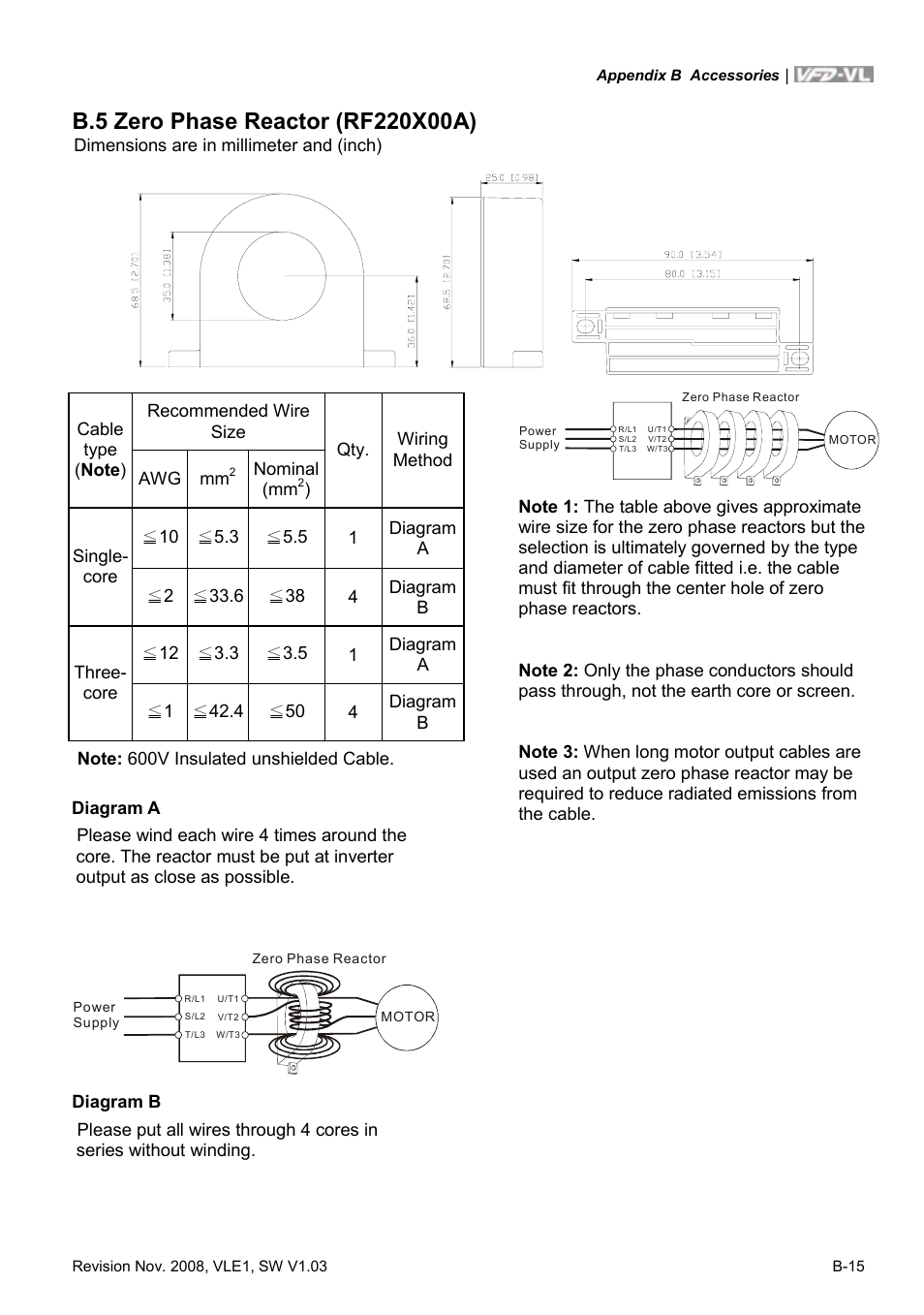 B.5 zero phase reactor (rf220x00a) | Delta Electronics Elevator Drive VFD-VL User Manual | Page 212 / 251