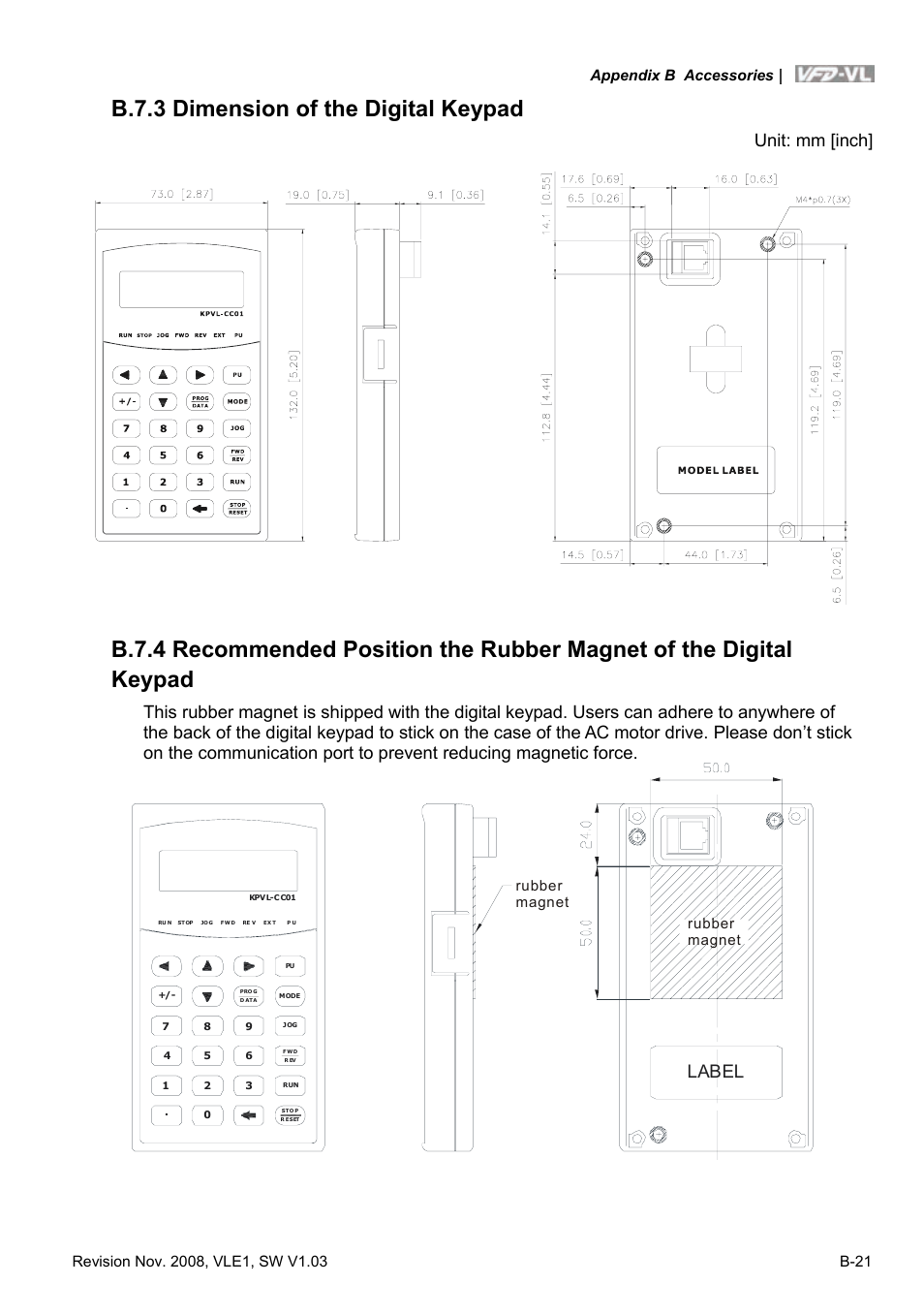 B.7.3 dimension of the digital keypad, B-21, Unit: mm [inch | Rubber magnet | Delta Electronics Elevator Drive VFD-VL User Manual | Page 218 / 251