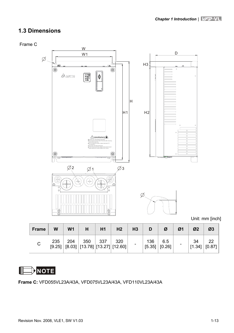 3 dimensions, 3 dimensions -13 | Delta Electronics Elevator Drive VFD-VL User Manual | Page 22 / 251