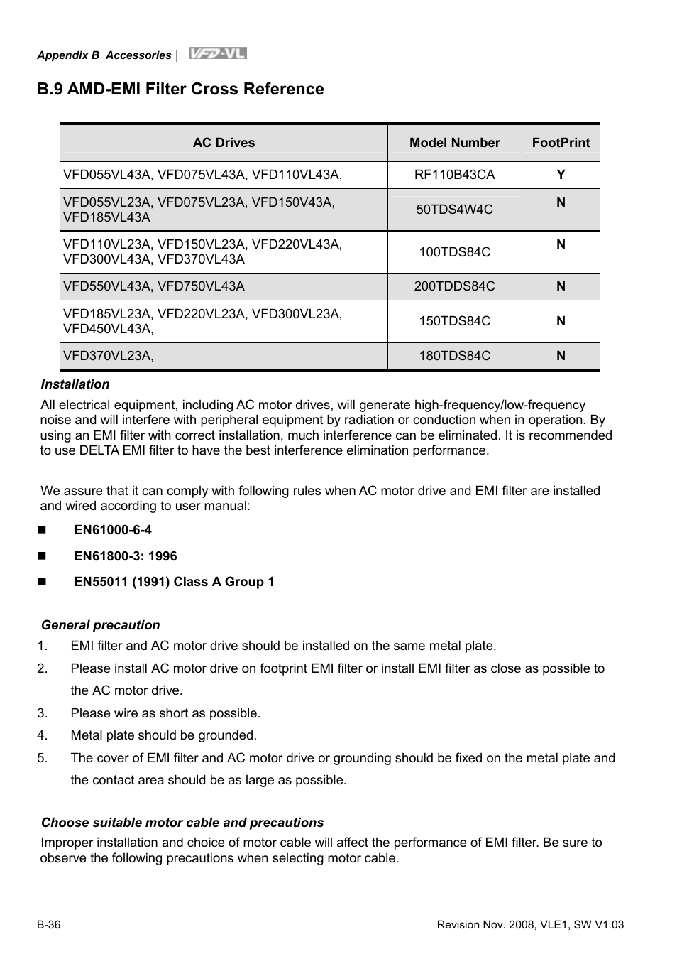 B.9 amd-emi filter cross reference | Delta Electronics Elevator Drive VFD-VL User Manual | Page 233 / 251