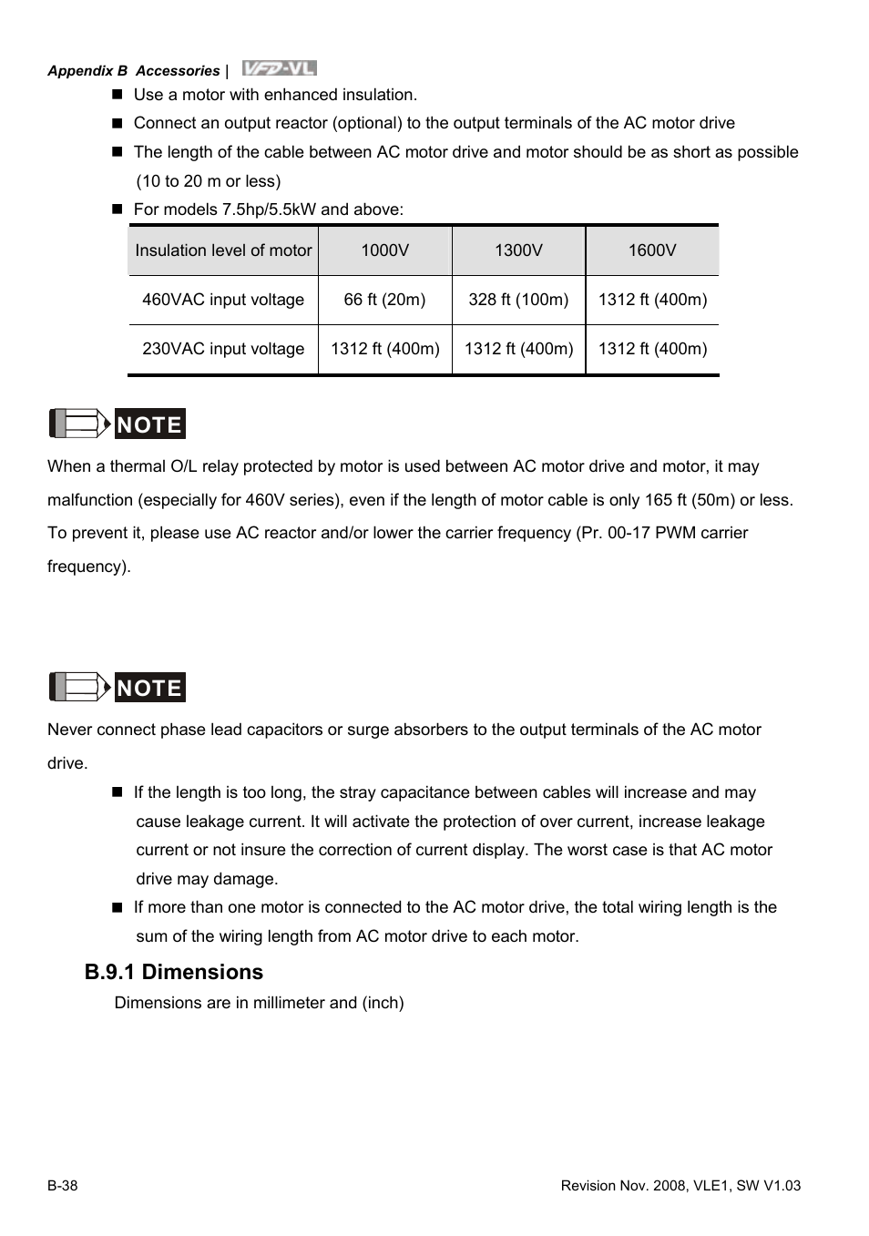 B.9.1 dimensions | Delta Electronics Elevator Drive VFD-VL User Manual | Page 235 / 251