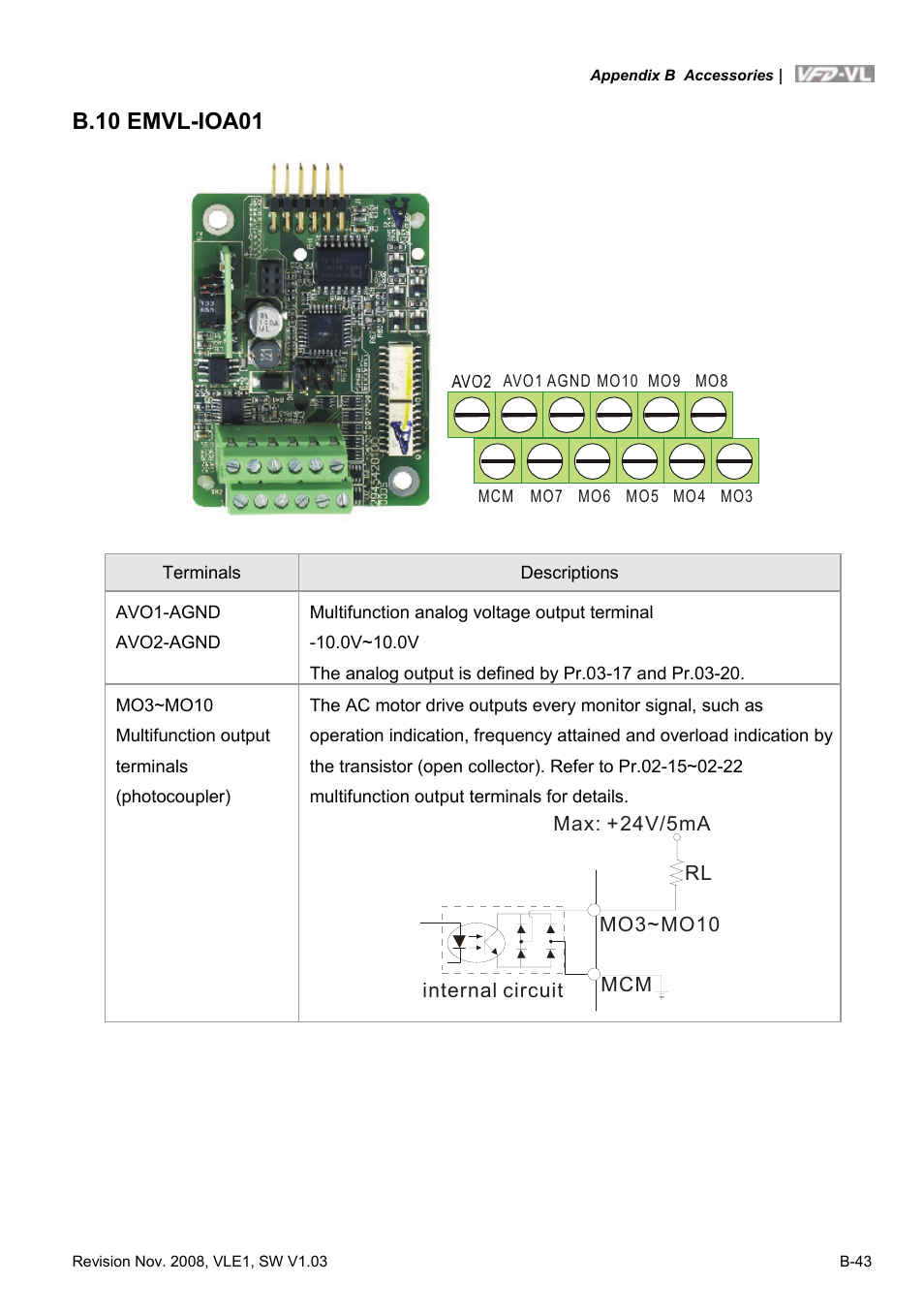 B.10 emvl-ioa01 | Delta Electronics Elevator Drive VFD-VL User Manual | Page 240 / 251