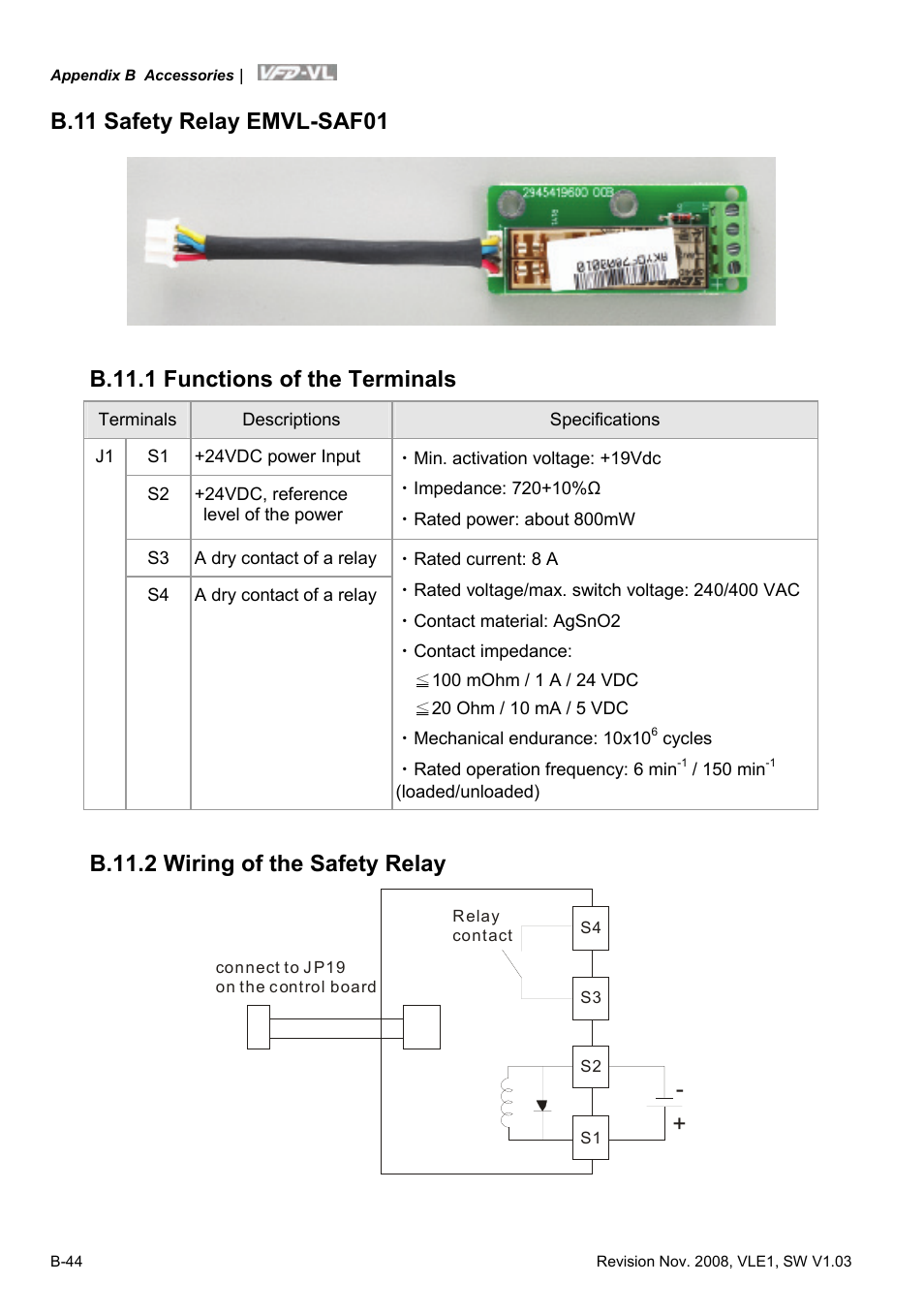 B.11 safety relay emvl-saf01, B.11.1 functions of the terminals, B.11.2 wiring of the safety relay | Delta Electronics Elevator Drive VFD-VL User Manual | Page 241 / 251