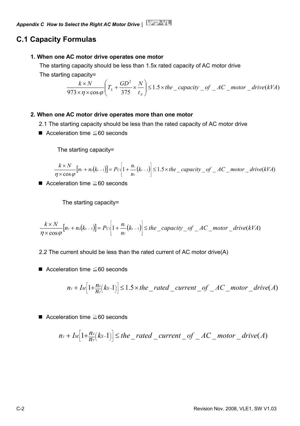 C.1 capacity formulas | Delta Electronics Elevator Drive VFD-VL User Manual | Page 245 / 251