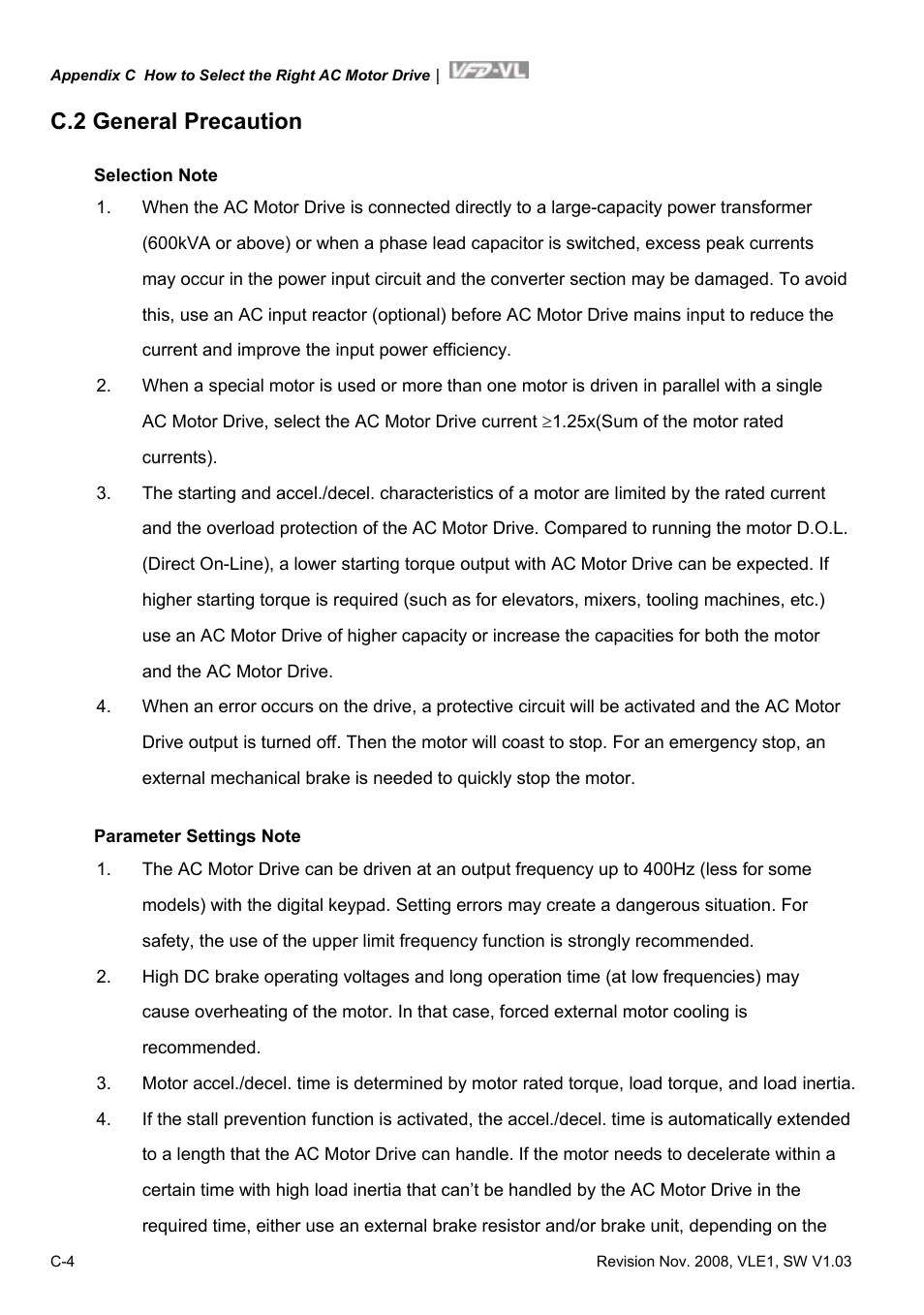 C.2 general precaution | Delta Electronics Elevator Drive VFD-VL User Manual | Page 247 / 251