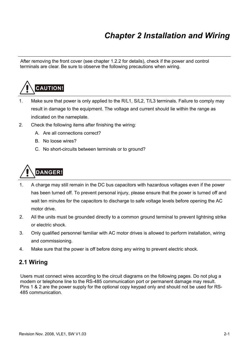 Chapter 2 installation and wiring, 1 wiring, Chapter 2 installation and wiring -1 | 1 wiring -1 | Delta Electronics Elevator Drive VFD-VL User Manual | Page 26 / 251