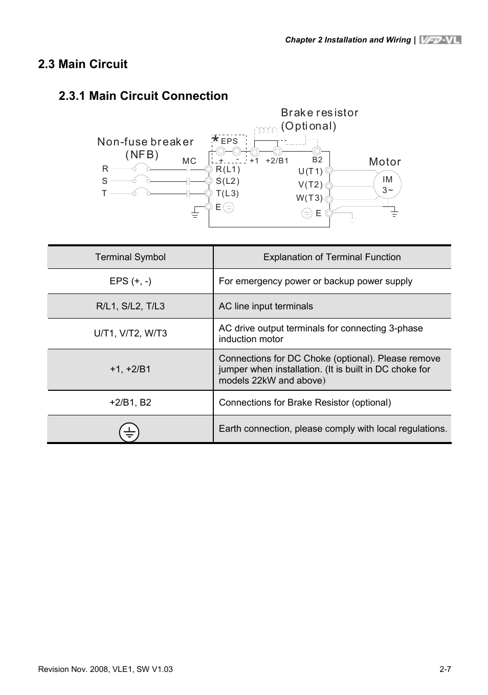3 main circuit, 1 main circuit connection, 3 main circuit -7 | 1 main circuit connection -7, 3 main circuit 2.3.1 main circuit connection | Delta Electronics Elevator Drive VFD-VL User Manual | Page 32 / 251
