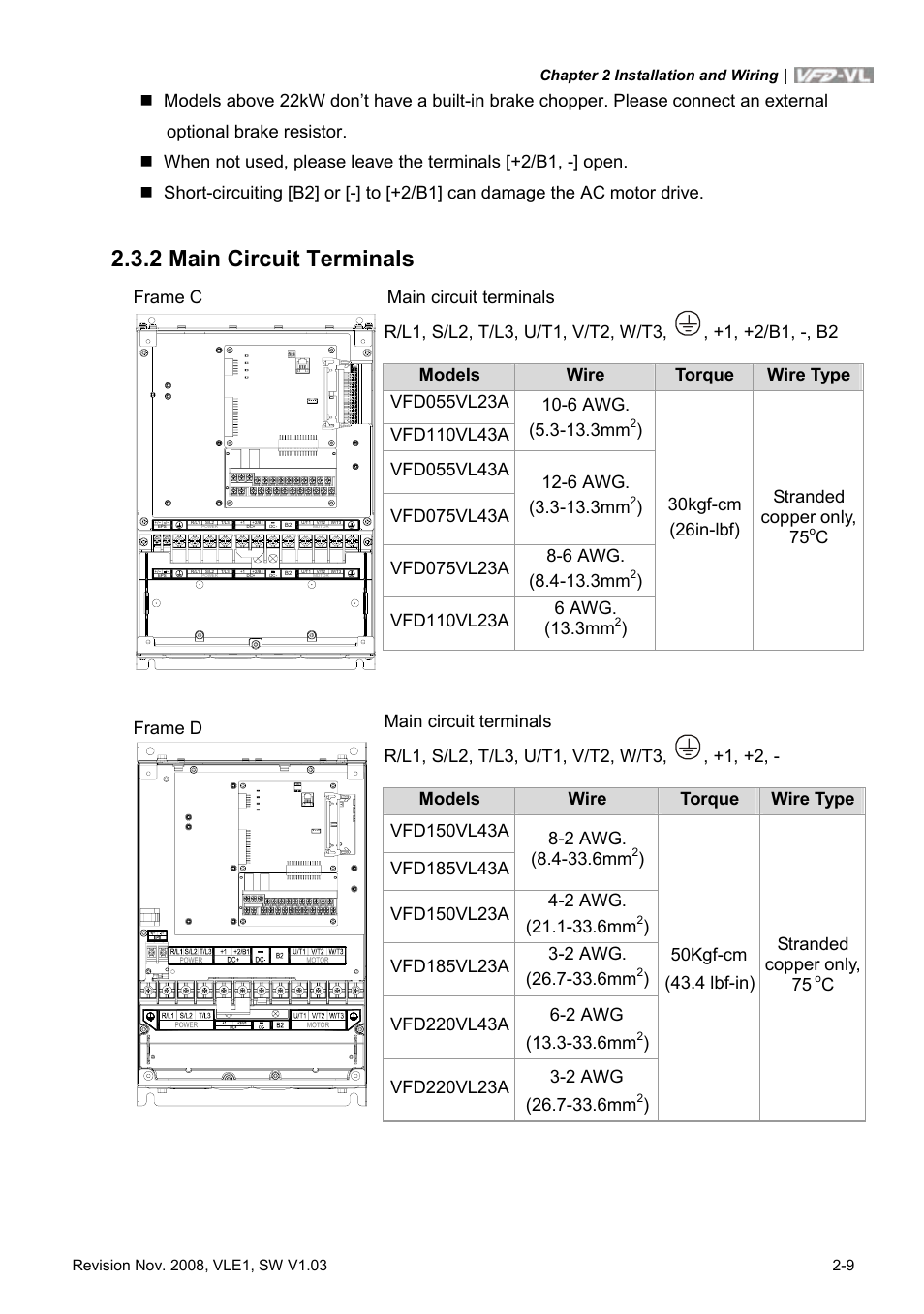 2 main circuit terminals, 2 main circuit terminals -9, Frame c | Delta Electronics Elevator Drive VFD-VL User Manual | Page 34 / 251