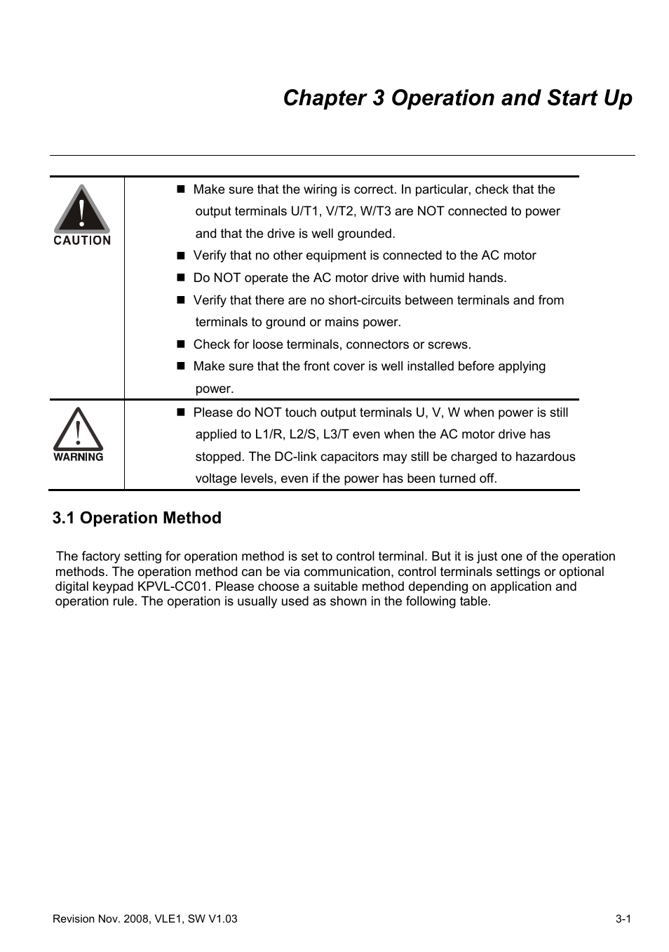 Chapter 3 operation and start up, 1 operation method, Chapter 3 operation and start up -1 | 1 operation method -1 | Delta Electronics Elevator Drive VFD-VL User Manual | Page 40 / 251