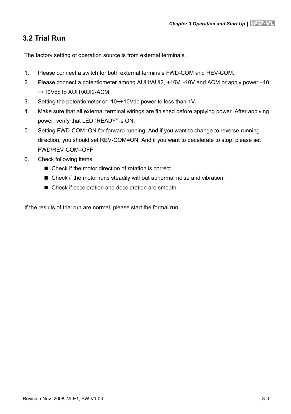 2 trial run, 2 trial run -3 | Delta Electronics Elevator Drive VFD-VL User Manual | Page 42 / 251