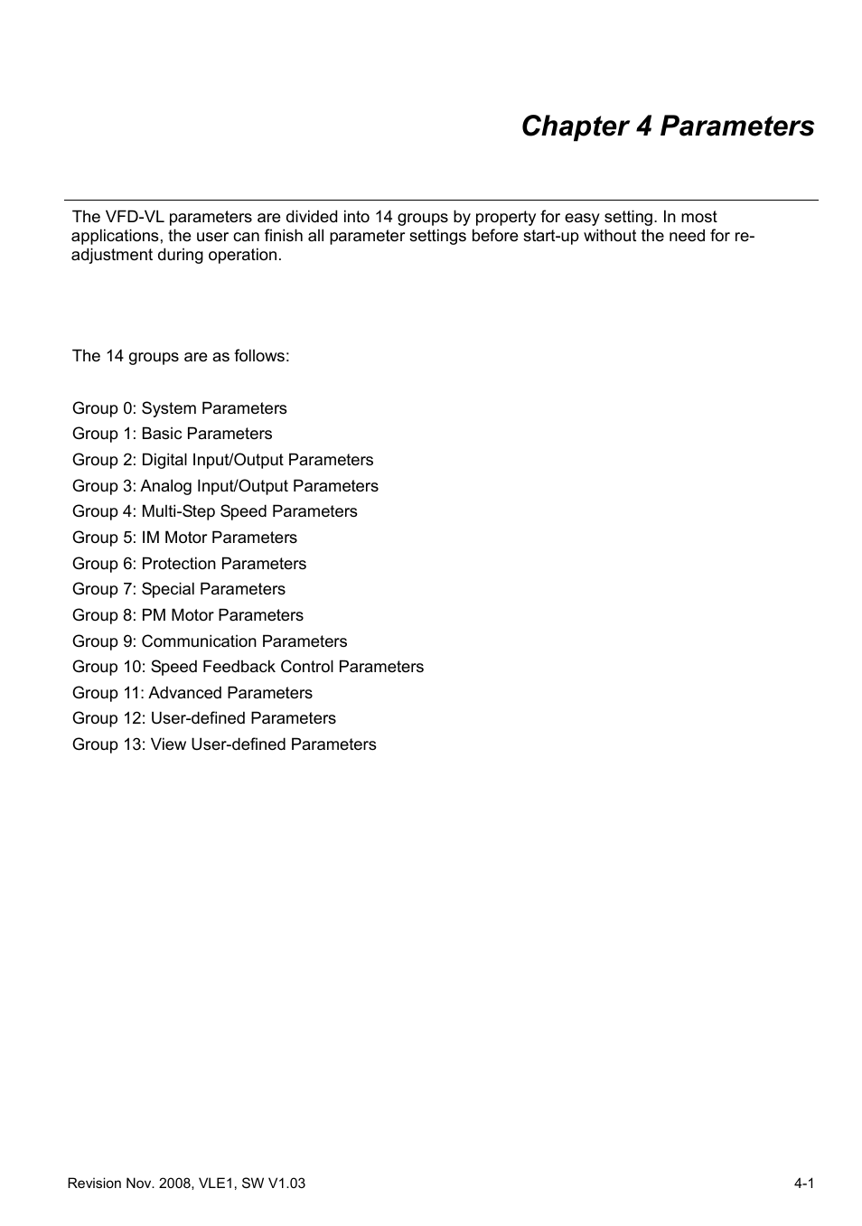 Chapter 4 parameters, Chapter 4 parameters -1 | Delta Electronics Elevator Drive VFD-VL User Manual | Page 56 / 251