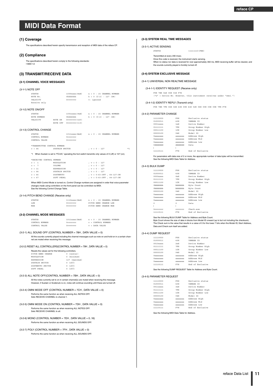 Reface cp, Midi data format, Reface data list | 1) coverage, 2) compliance, 3) transmit/receive data | Yamaha Reface YC User Manual | Page 11 / 19