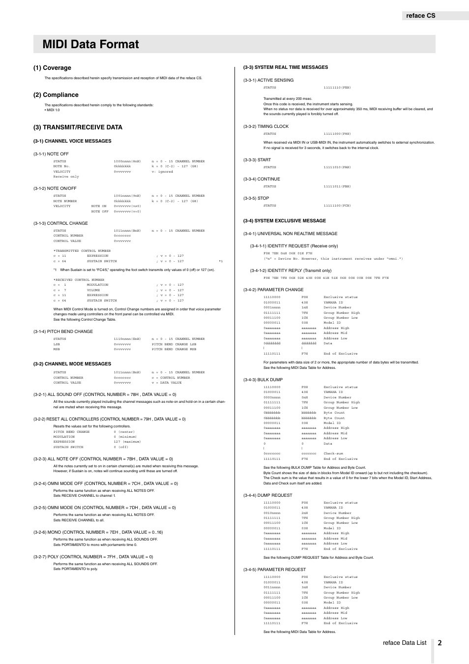 Reface cs, Midi data format, Reface data list | 1) coverage, 2) compliance, 3) transmit/receive data | Yamaha Reface YC User Manual | Page 2 / 19