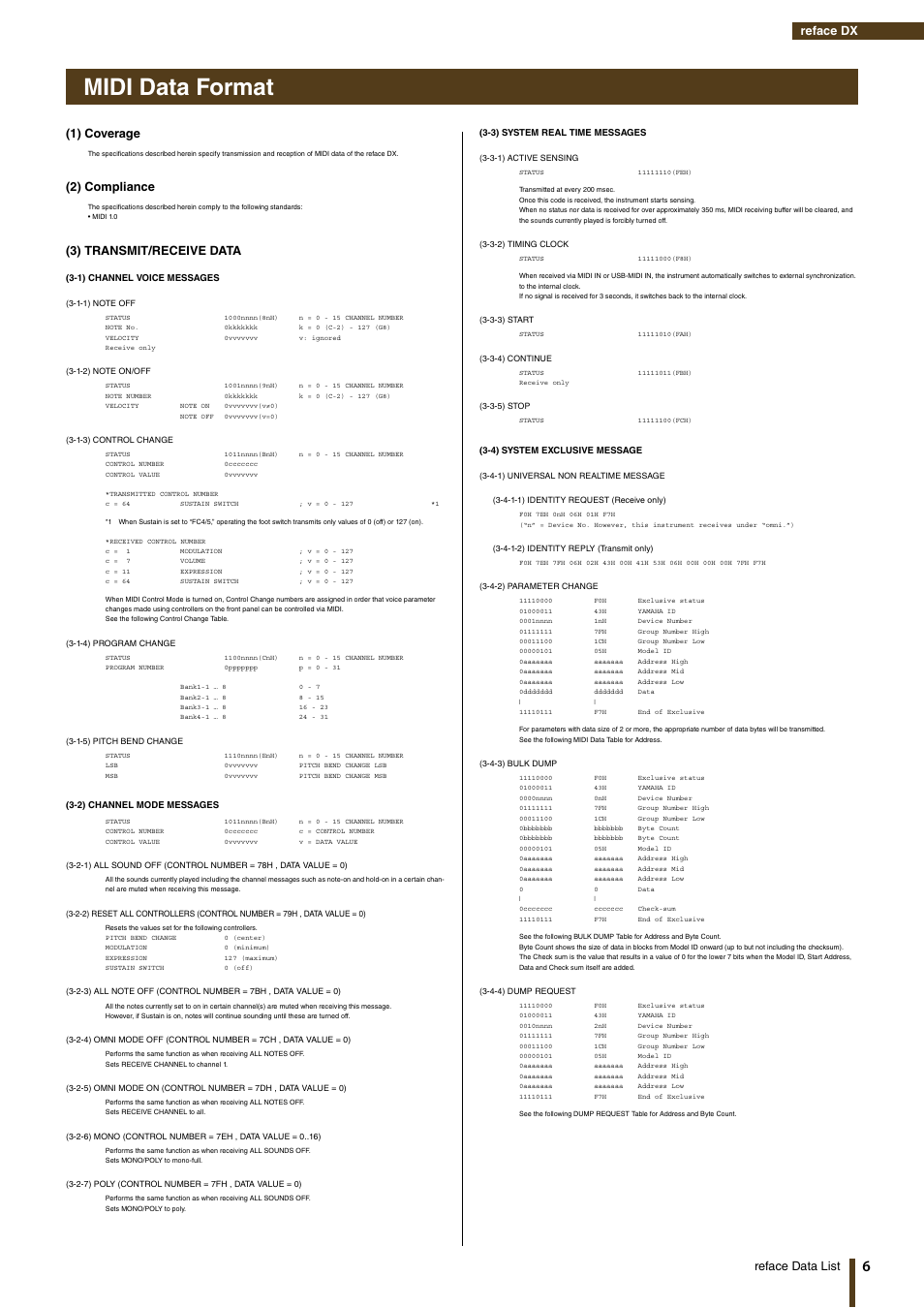 Reface dx, Midi data format, Reface data list | 1) coverage, 2) compliance, 3) transmit/receive data | Yamaha Reface YC User Manual | Page 6 / 19