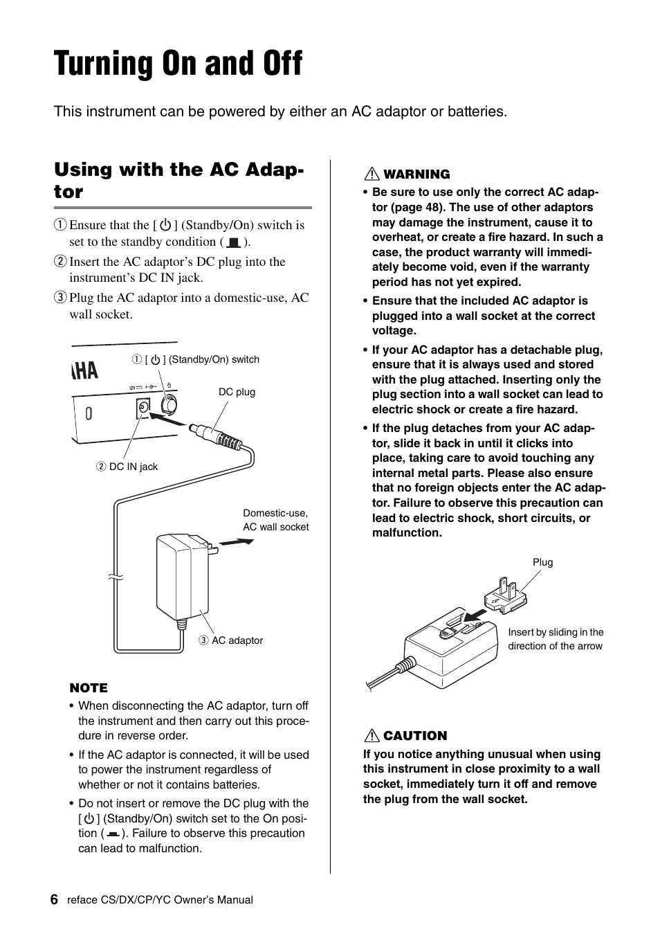 Turning on and off, Using with the ac adaptor, Using with the ac adap- tor | Yamaha Reface YC User Manual | Page 12 / 60