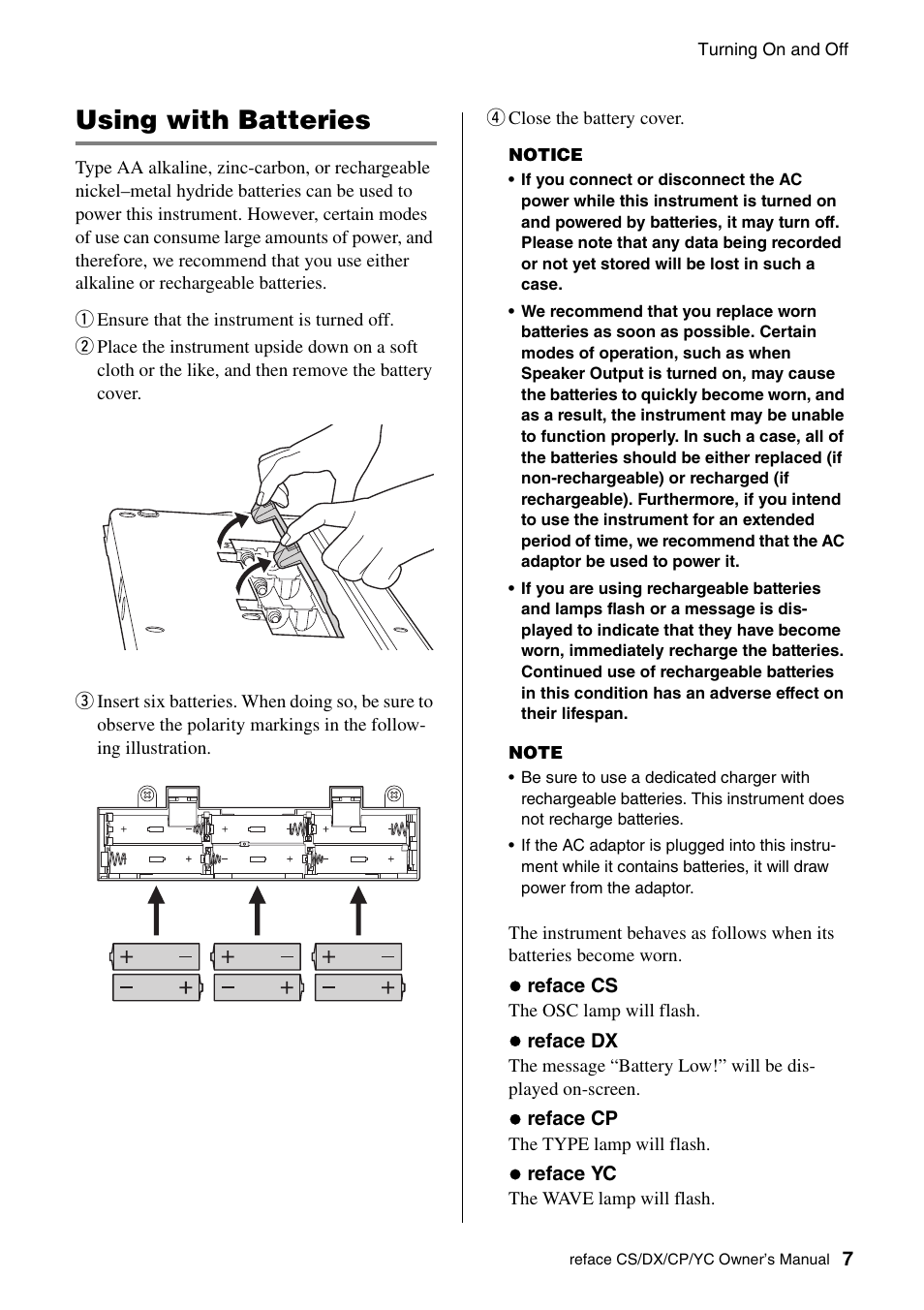Using with batteries | Yamaha Reface YC User Manual | Page 13 / 60