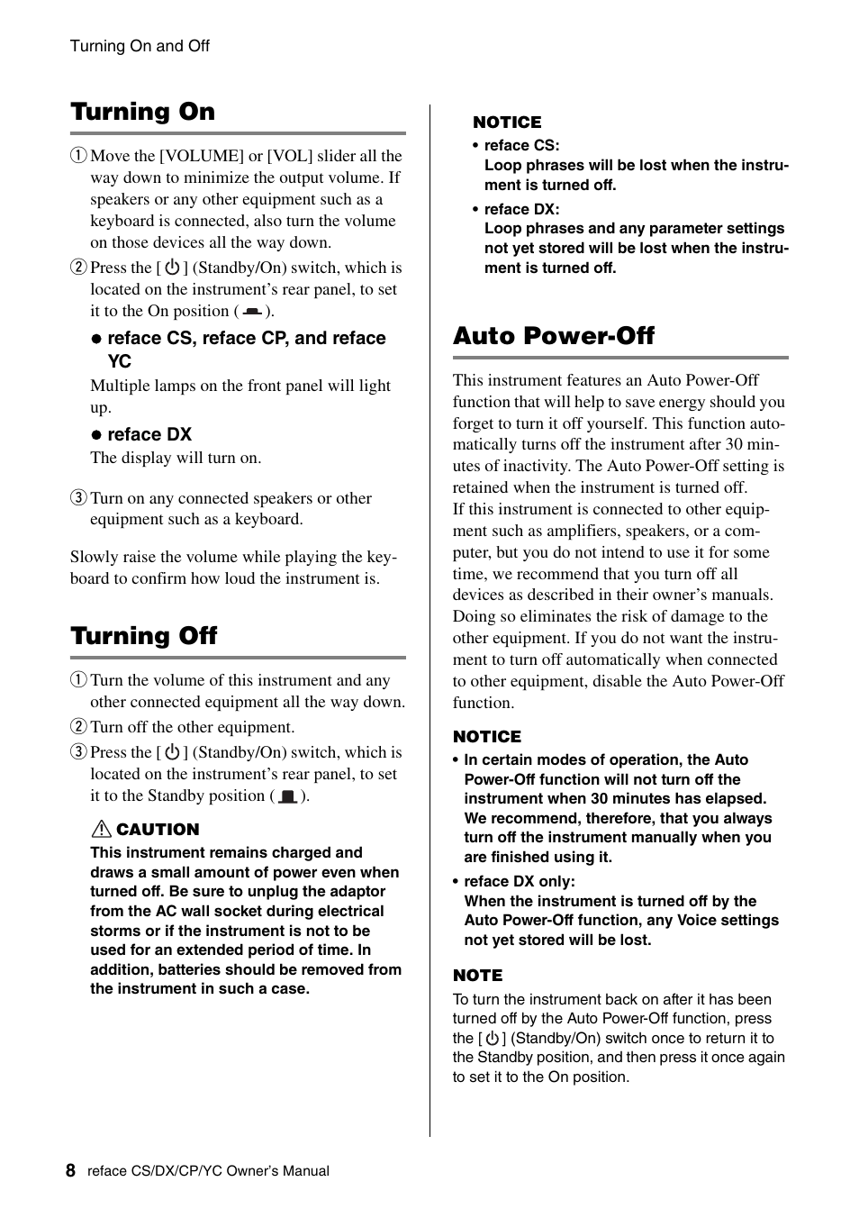Turning on, Turning off, Auto power-off | Turning on turning off auto power-off | Yamaha Reface YC User Manual | Page 14 / 60