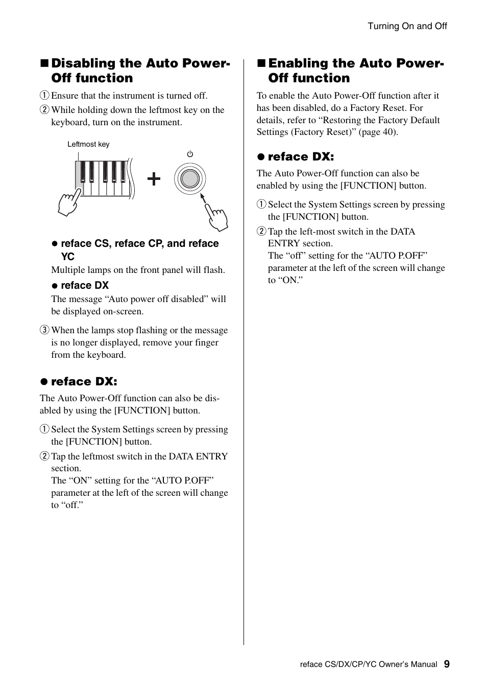 Disabling the auto power- off function, Enabling the auto power- off function | Yamaha Reface YC User Manual | Page 15 / 60